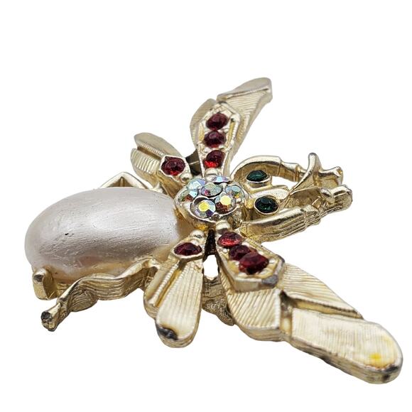Rhinestone Bug Brooch Faux Pearl Belly Insect Pin Vintage MCM Wasp Bee Beetle - Picture 6 of 6